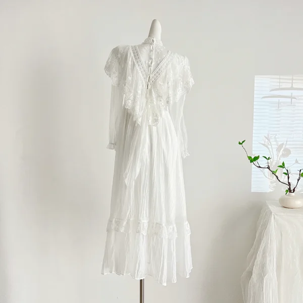 Abito da fata in pizzo bianco Donna Stile vittoriano vintage Manica lunga Collo semi-alto Abiti lunghi da donna romantici Vestido Branco 3