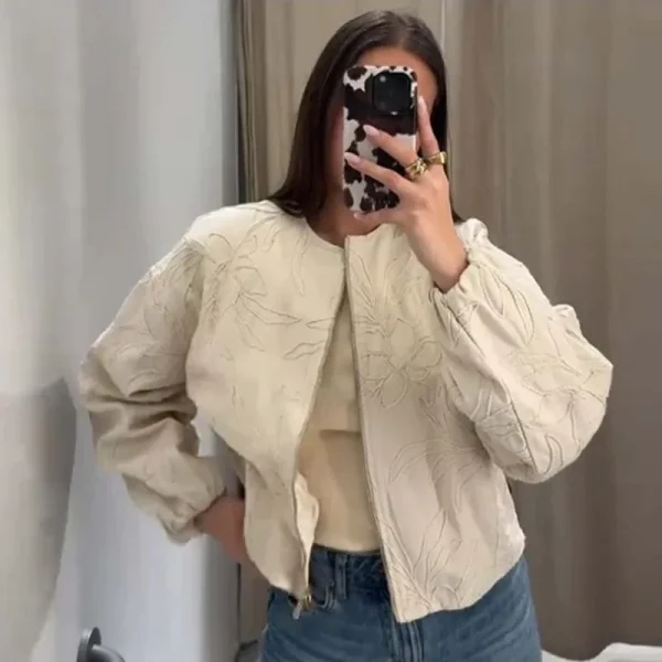 YENKYE 2025 Giacca da donna ricamata a maniche lunghe con scollo a O Cerniera frontale Crop allentato Bomber Capispalla Lady Pendolarismo Abiti casual 1