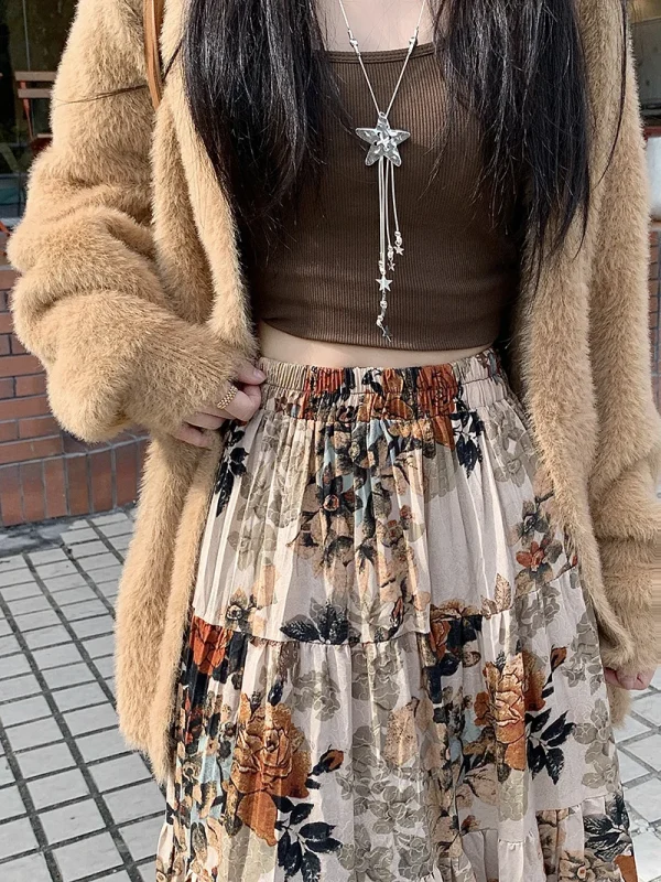 Gonna a pieghe floreale di alta qualità Donna Retro A Line Gonne lunghe Donna 2025 Autunno Inverno Vacanza Festa Big Swing Maxi Faldas 5