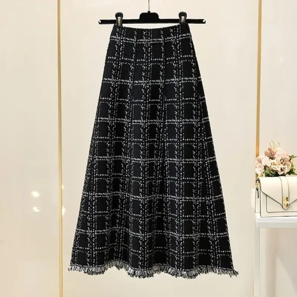 Gonna midi scozzese con nappe da donna in autunno e inverno, temperamento a vita alta, gonna lavorata a maglia a trapezio da medio a lunga versatile 4