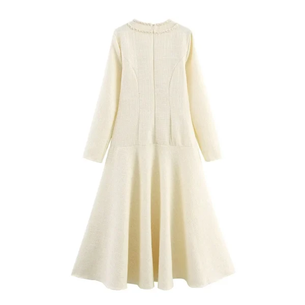 Abito lungo da donna autunno 2025 Abito francese a maniche lunghe con scollo tondo e fiammato 2