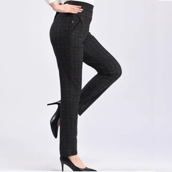 Autunno inverno 5XL addensare pantaloni dritti scozzesi Vintage All-match Casual Slim vita alta elastico donna moda pantaloni a matita 4