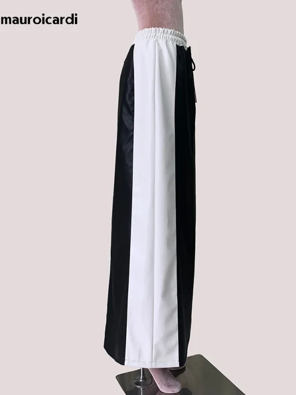 Lautaro Autunno Inverno Bianco e nero Patchwork Pu Pelle Gonna lunga fino al pavimento Donna con coulisse Abiti in vita elastica 2025 6
