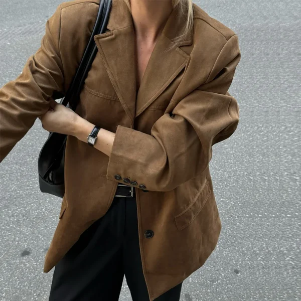 HXAO Giacca da donna Old Money Giacche Giacca in pelle scamosciata marrone Cappotto Giacca vintage da mezza stagione Autunno Inverno Novità in capispalla 5