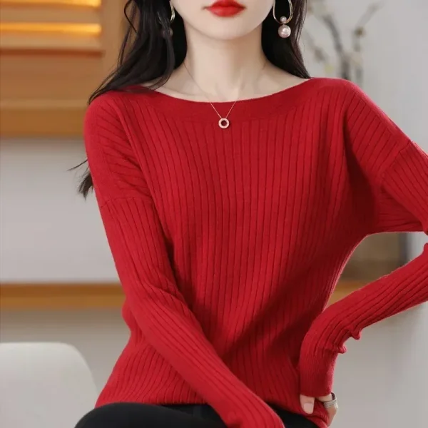 Maglione da donna Autunno Inverno Camicie Bottiming calde Moda coreana Slash Neck Pullover a maniche lunghe Slim Fit Maglieria calda casual 2