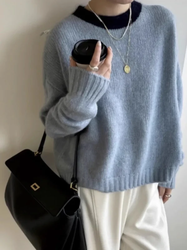 Maglione da donna in puro cashmere con collo rotondo in colore abbinato, maglione corto con base in lana lavorata a maglia ispessita e ampia autunno e inverno 3