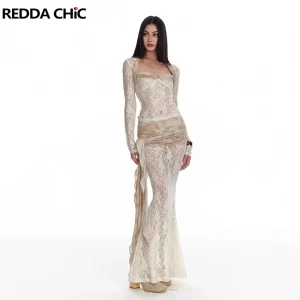 REDDACHiC Donna Coprispalle Top Gonna Set Pizzo floreale Vedere attraverso T-shirt a maniche lunghe Sirena Flowy Maxi Gonna Festival Costumi per feste 1