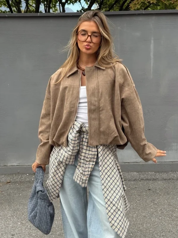 Giacca invernale in pelle scamosciata allentata kaki moda donna casual colletto rovesciato zip-up cappotto spesso 2025 nuove donne capispalla streetwear 2