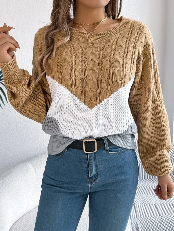 Maglione pullover da donna a maniche lunghe con collo rotondo versatile color block casual autunno e inverno 4