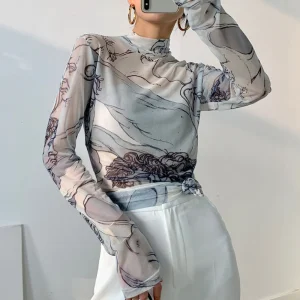 2025 Dolcevita Abbigliamento T-shirt da donna sottile in pizzo Top grafico per donna T-shirt in rete Manica lunga T-shirt all'ingrosso di alta qualità di lusso 1