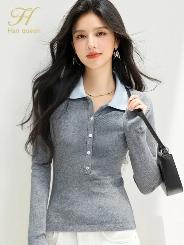 H Han Queen 2025 Abiti autunnali di base Pullover Maglione da donna semplice Elasticità elegante Top da donna casual coreano a maniche lunghe 6
