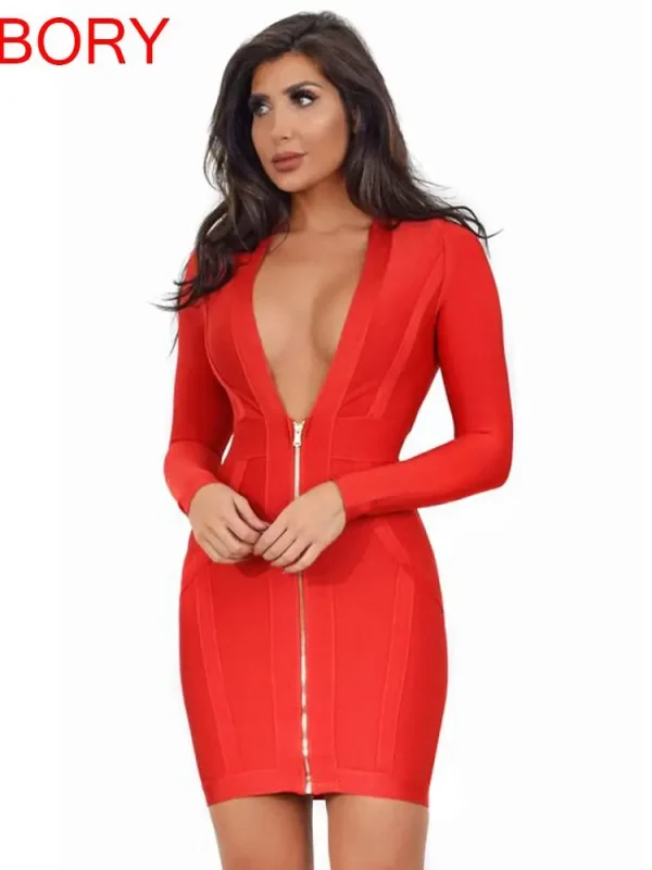 HOBORY Signore Nero a Maniche Lunghe Vestito Dalla Fasciatura Delle Donne Aderente Profondo Scollo A V Mini Abiti Sexy per Le Donne 2021 Abiti di Alta Qualità 2