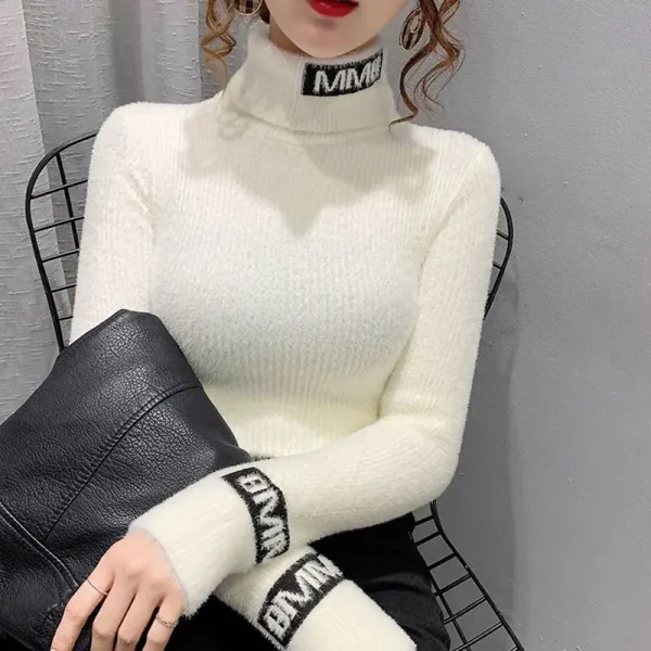 Autunno Inverno Nuovi maglioni con stampa di lettere Manica lunga Collo alto Tinta unita Slim Pullover giovanili Abbigliamento donna moda elegante 3