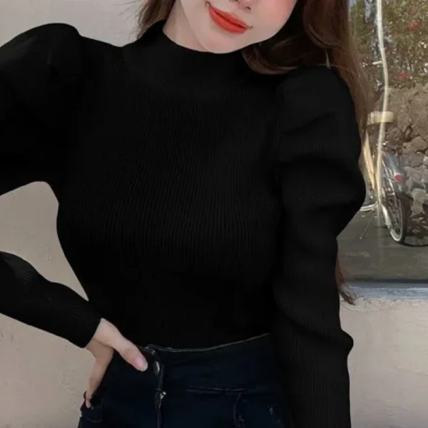Autunno Inverno Maniche a palloncino Tinta unita Abbigliamento donna Camicia che tocca il fondo Collo semi alto Nuovo stile Elegante Slim Fit Y2K Maglioni 2