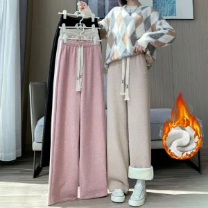 Pantaloni in pile a vita alta da donna invernale Pantaloni termici caldi a gamba dritta Pantaloni classici con coulisse solidi femminili 1