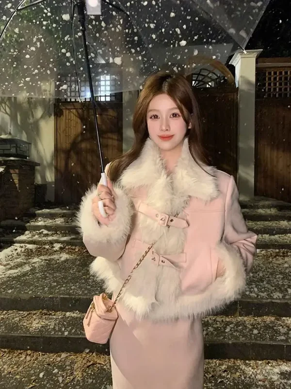 Lussuoso cappotto a maniche lunghe con pelliccia e gonna longuette Set per donna Office Lady 2023 Autunno/Inverno Moda di alta qualità 3
