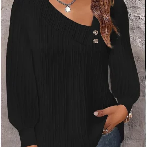 Boho Camicetta bianca da donna Top Autunno Casual Semplice scollo a V Bottoni Camicia a pieghe a maniche lunghe nera T-shirt da donna allentata 1