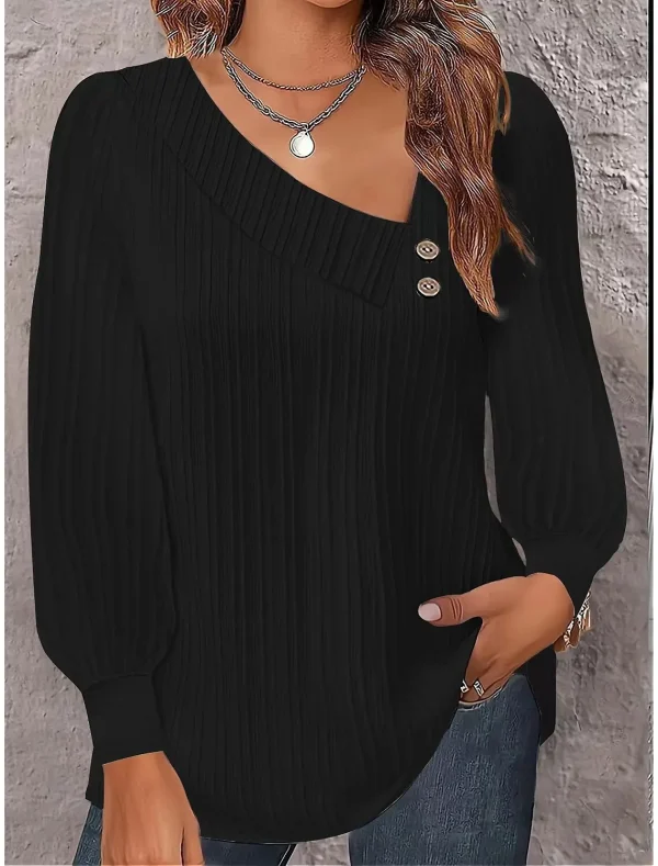 Boho Camicetta bianca da donna Top Autunno Casual Semplice scollo a V Bottoni Camicia a pieghe a maniche lunghe nera T-shirt da donna allentata 1