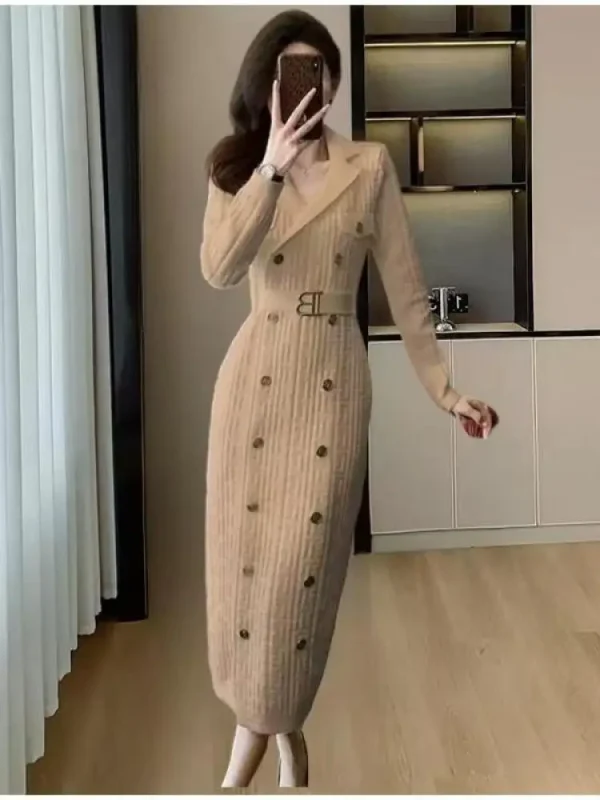 Abito da donna coreano solido doppio petto a maniche lunghe autunno inverno ufficio signora elegante festival abiti lavorati a maglia moda per il tempo libero 3