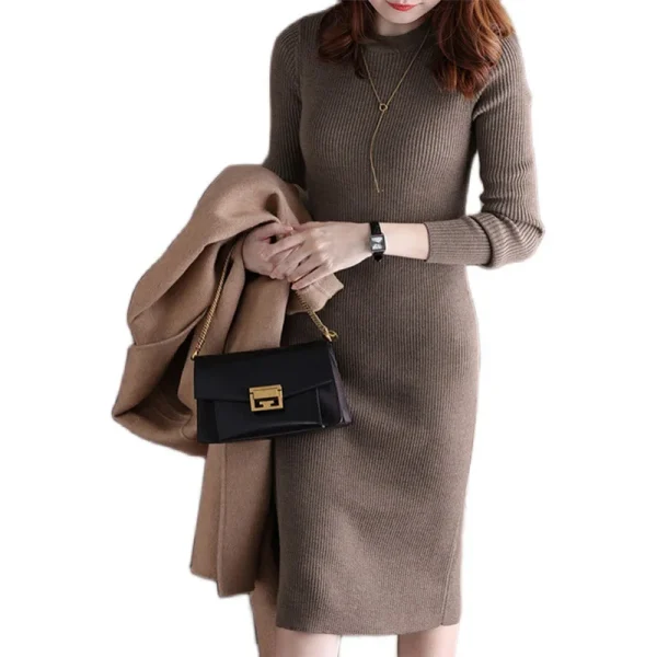 2023 Autunno/Inverno Versione coreana Nuovo girocollo Abito a maniche lunghe Slim Fit e moda Tinta unita Abito a trapezio di media lunghezza 4