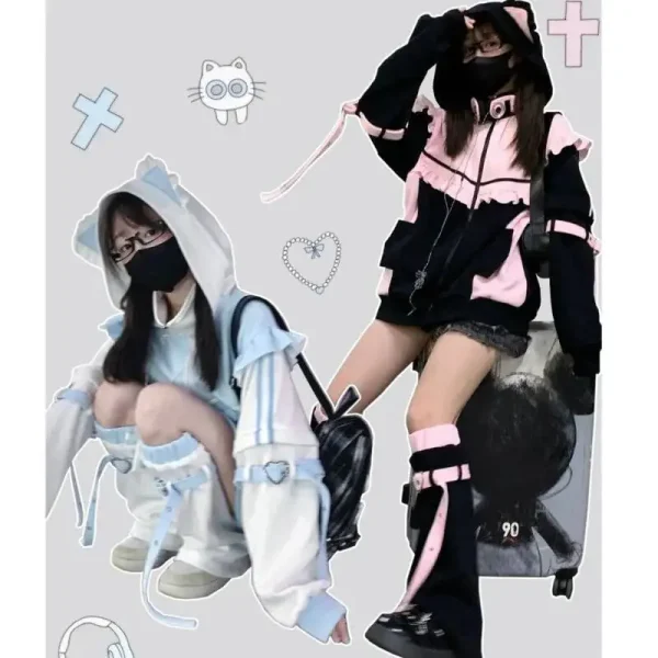 Cappotto di peluche giapponese Y2k con volant impiombato Orecchie di gatto Giacca con cappuccio Kawaii Ragazza Secchio Decor Felpa Harajuku Capispalla donna carina 3