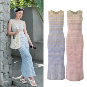 Abito lavorato a maglia senza maniche in colore sfumato Design modello ondulato Hollow 2025 Nuovi abiti da vacanza estiva per le donne eleganti 1