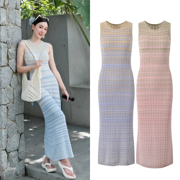 Abito lavorato a maglia senza maniche in colore sfumato Design modello ondulato Hollow 2025 Nuovi abiti da vacanza estiva per le donne eleganti 1