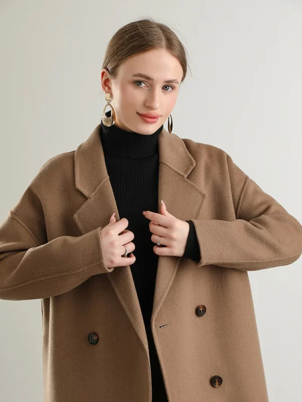 Cappotto da donna con risvolto allentato in lana 100% cappotto lungo doppiopetto tasca con colletto rovesciato doppio strato tacca stretta autunno inverno #03 4