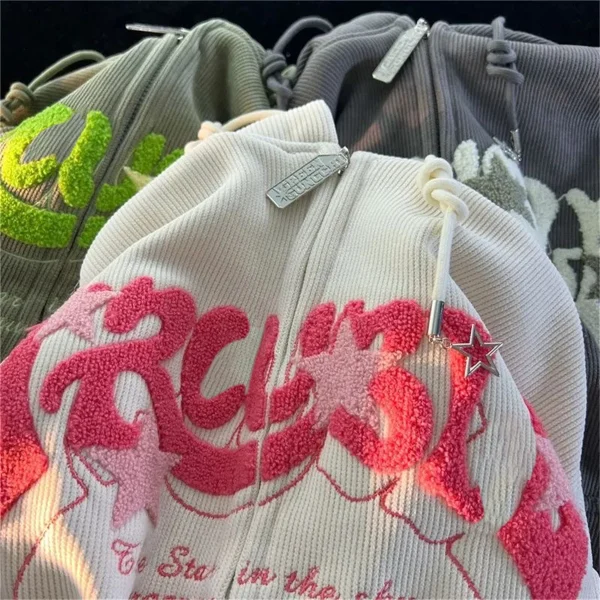 Felpe con zip ricamate alla moda da donna autunno top a maniche lunghe camicia con cappuccio allentato Harajuku Y2K abbigliamento giacca felpa femminile 1