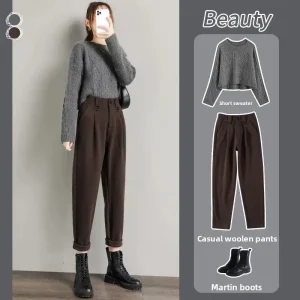 Pantaloni di lana dimagranti a vita alta per donna Autunno Inverno Pantaloni Harlan casual a gamba dritta larghi Stile nonna 1