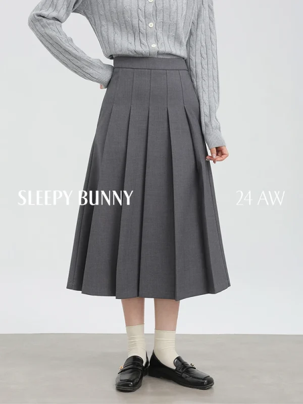2025 Gonna a pieghe grigia autunno inverno per donna Gonna a trapezio a vita alta di media lunghezza per abito elegante stile ufficio Petite Lady 4