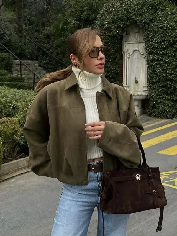 HH Cappotti da donna con trama in pelle scamosciata allentata solida moda di strada causale maniche lunghe a pipistrello bavero cerniera volare giacche vintage invernali 4