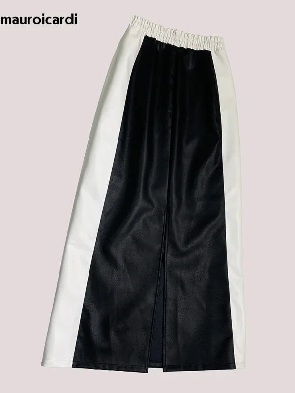 Lautaro Autunno Inverno Bianco e nero Patchwork Pu Pelle Gonna lunga fino al pavimento Donna con coulisse Abiti in vita elastica 2025 1