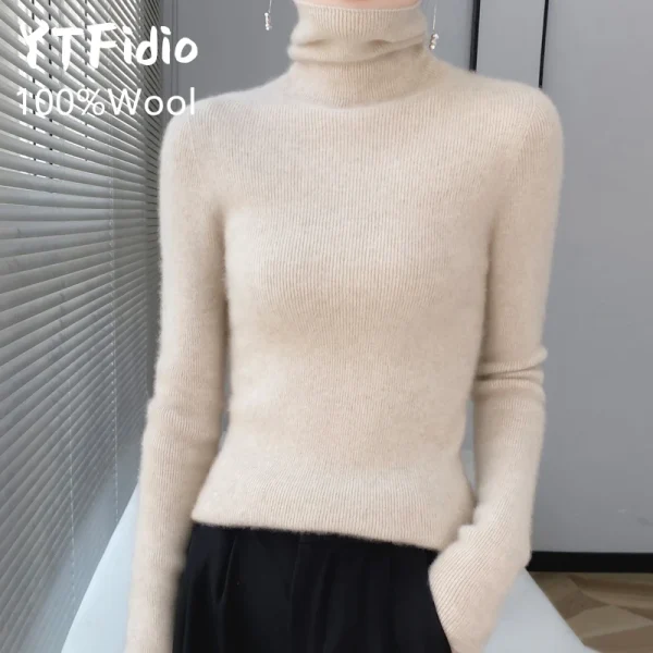 YTFidio 100% lana donna collo a pelo a righe colletto a pelo maglioni a maniche lunghe Pullover solido maglieria Basic 99 6