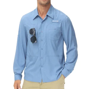 Camicie da pesca a maniche lunghe UPF 50+ da uomo Protezione solare Camicia da lavoro da escursionismo traspirante Camicia casual abbottonata con tasca con cerniera 1