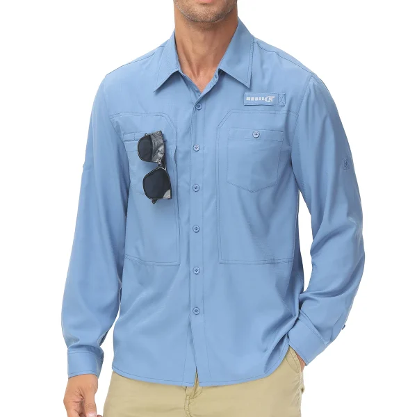 Camicie da pesca a maniche lunghe UPF 50+ da uomo Protezione solare Camicia da lavoro da escursionismo traspirante Camicia casual abbottonata con tasca con cerniera 1