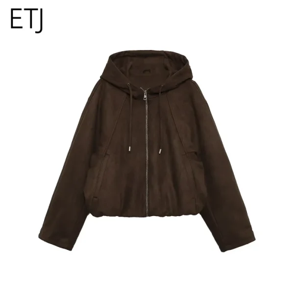 ETJ 2025 inverno nuova moda donna pelle scamosciata effetto texture bomber con cappuccio giacca casual versione ampia 2