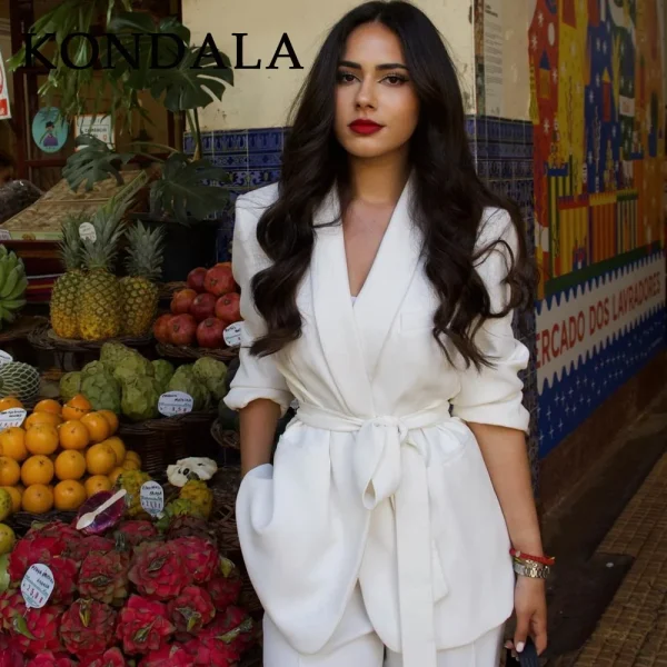 KONDALA 2025 Autunno Inverno Office Lady Abiti Moda Allentato Casual Telai Coprispalle Blazer con intaglio + Pantaloni eleganti a vita media a gamba larga 2