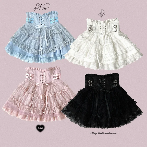 Minette giapponesi stile dolce carino pizzo splicing lace-up cuore fibbia in PU vita alta sottile a-line versatile Lolita gonne corte da donna 2