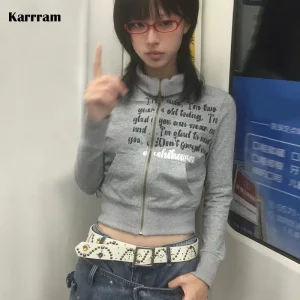 Karrram giacca corta giapponese Y2k Vintage Harajuku cappotto corto American Retro Letter Print felpa con cerniera Grunge capispalla 1