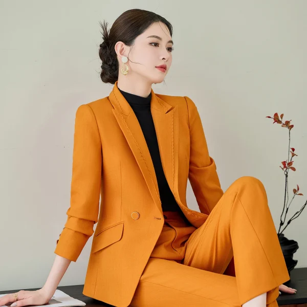 NAVIU Abito da ufficio slim fit giallo per donna Elegante casual a maniche lunghe di fascia alta con bottone singolo Blazer Set formale in due pezzi 3