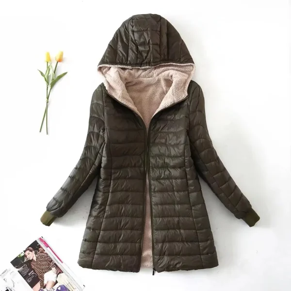 Nuova edizione coreana di media lunghezza con cappuccio giacche da donna autunno inverno cappotti di cotone da ufficio di media lunghezza caldo pile di agnello Parka jack 4