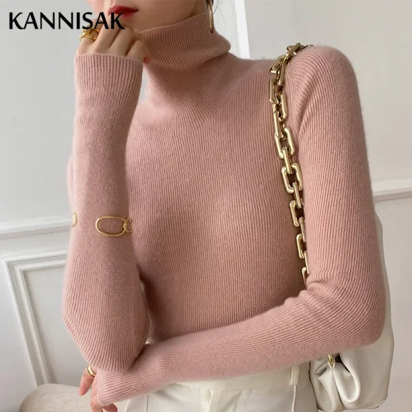 Maglione da donna Slim Fit Autunno Inverno Dolcevita Pullover in maglia Maglioni solidi di base 2025 Camicie con fondo elasticizzato primaverile Maglieria 4