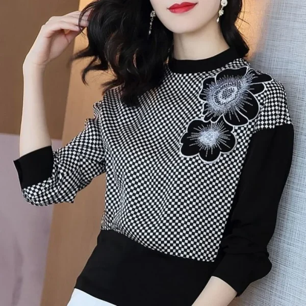 Moda versatile elegante primavera nuova stampa T-shirt donna O-Collo patchwork ricamo filo a vite allentato casual manica lunga Top 2