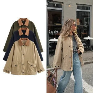 Donna Patchwork Colour Blocking Design Giacca monopetto con risvolto Nuovo stile casual vintage Manica lunga Giacca di cotone caldo pendolare Donna 1