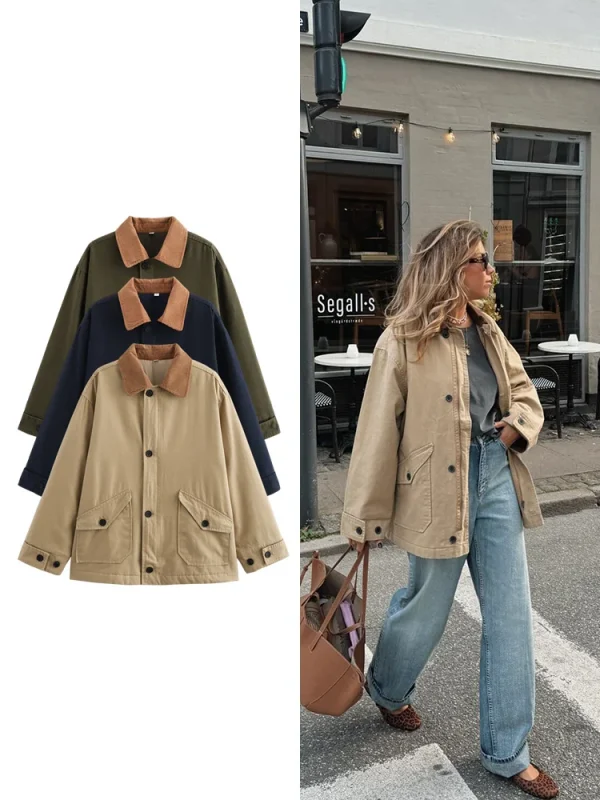 Donna Patchwork Colour Blocking Design Giacca monopetto con risvolto Nuovo stile casual vintage Manica lunga Giacca di cotone caldo pendolare Donna 1