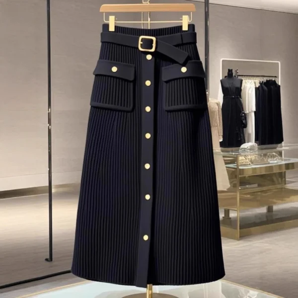 Unico ed elegante nero a vita alta a-line mini abito lavorato a maglia gonna lunga alla moda elegante autunno inverno sensazione di fascia alta 2