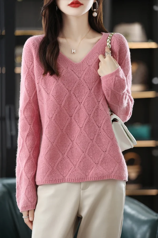 Maglione da donna in lana merino 100% moda basic con scollo a V pullover in cashmere abbigliamento donna semplice comfort morbido caldo top casual solido 4