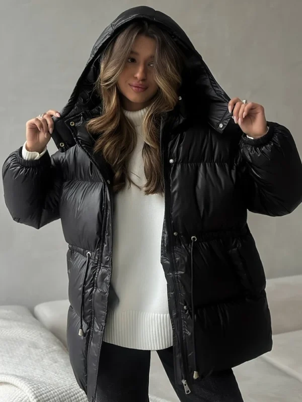 Tossy Leisure Cappotto Parker corto con cappuccio da donna con coulisse in vita caldo solido tasca con cerniera invernale maniche lunghe 2025 Cappotto Parker 5