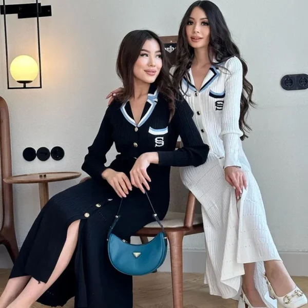 YuooMuoo Abito lungo lavorato a maglia con lettera ricamata elegante Autunno Inverno Marchio di moda Lady Abito maglione nero dentellato Abiti da ufficio 2